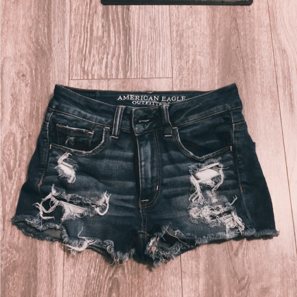 American Eagle Outfitters Ripped Jean Shorts - Dark Blue